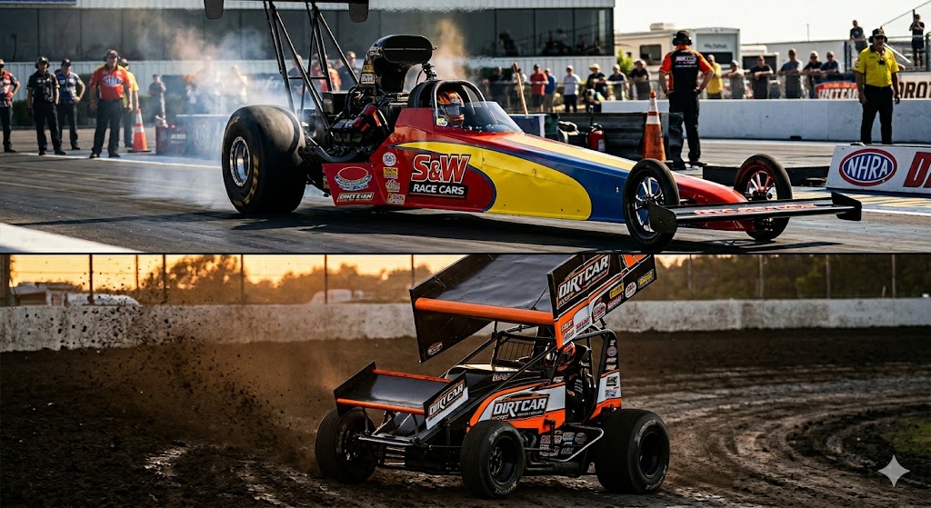 Side-by-side view of a top fuel dragster and a sprint car for Mike's Hot Rod Shop racing blog